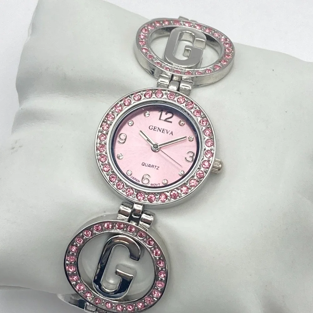 Geneva Women's Watch 26mm Silver Tone Pink Crystals Logo Band G New Battery 7